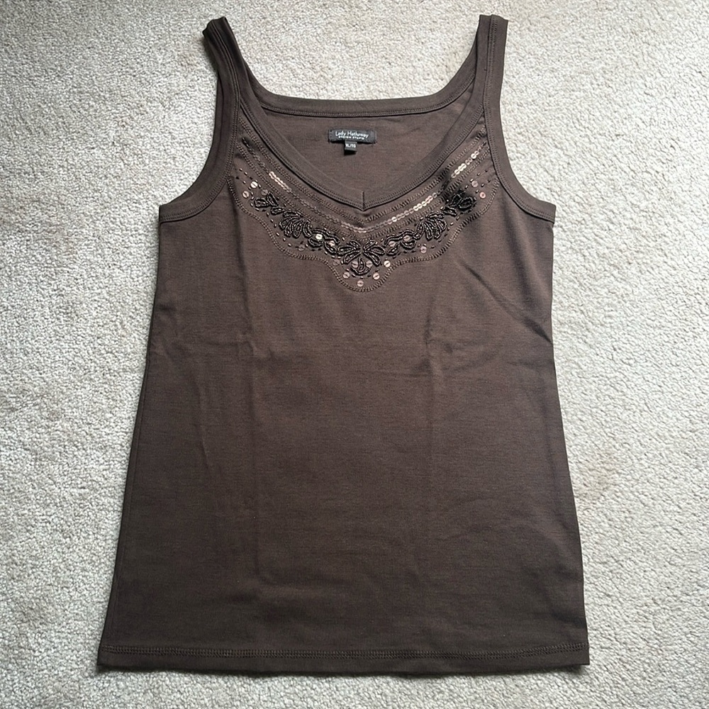 Beaded Brown Lady Hathaway V Neck Tank Top